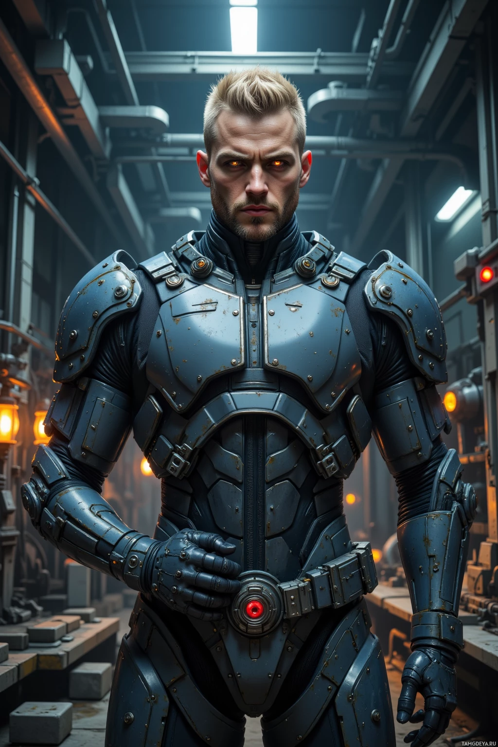 A person in futuristic armor stands in a dimly lit industrial setting.