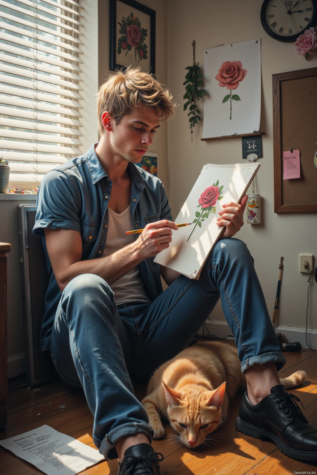 A person is sitting on the floor, drawing a rose with a pencil.