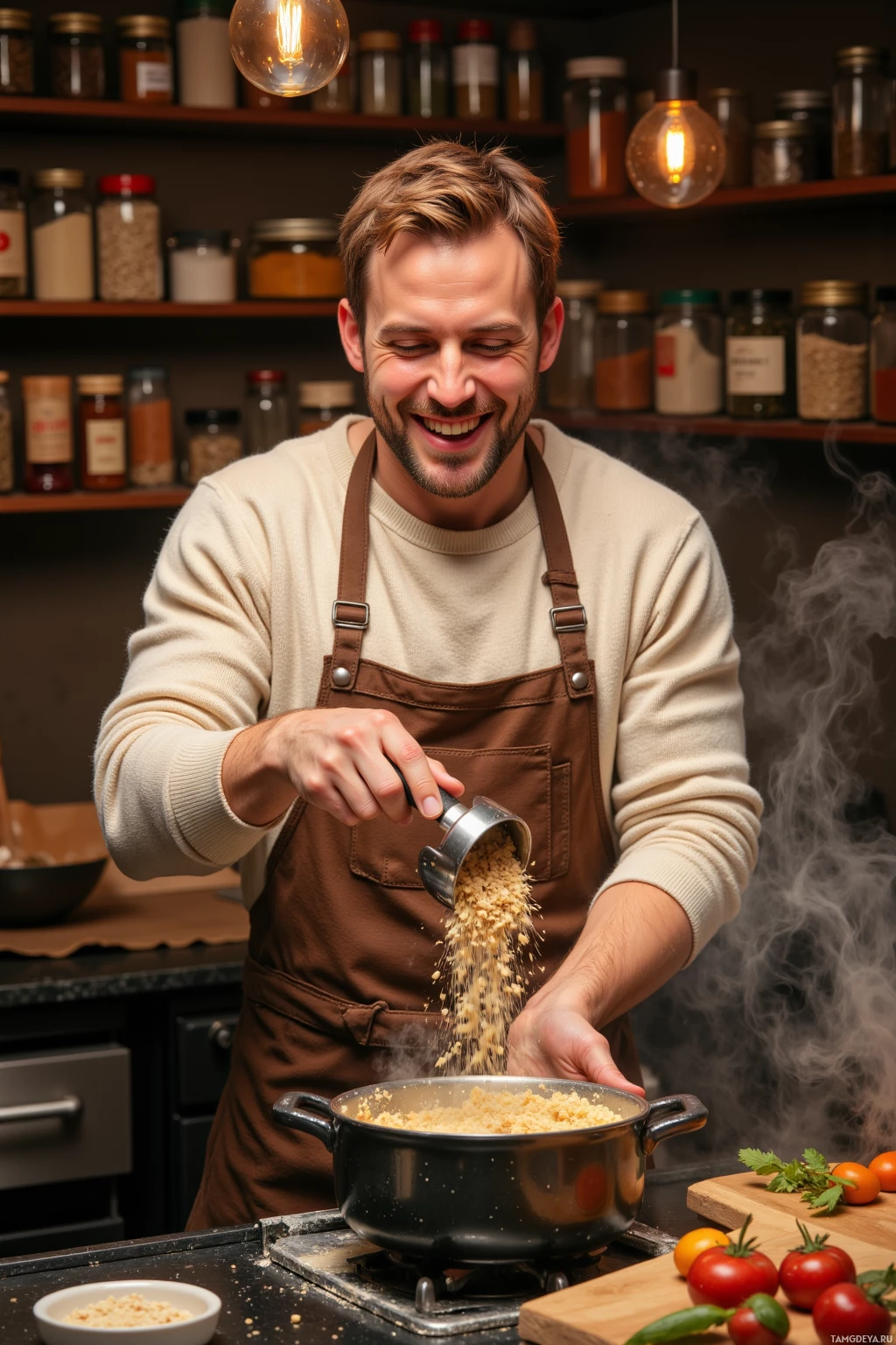 A man in an apron smiles as he pours a grain into a pot on a stove.