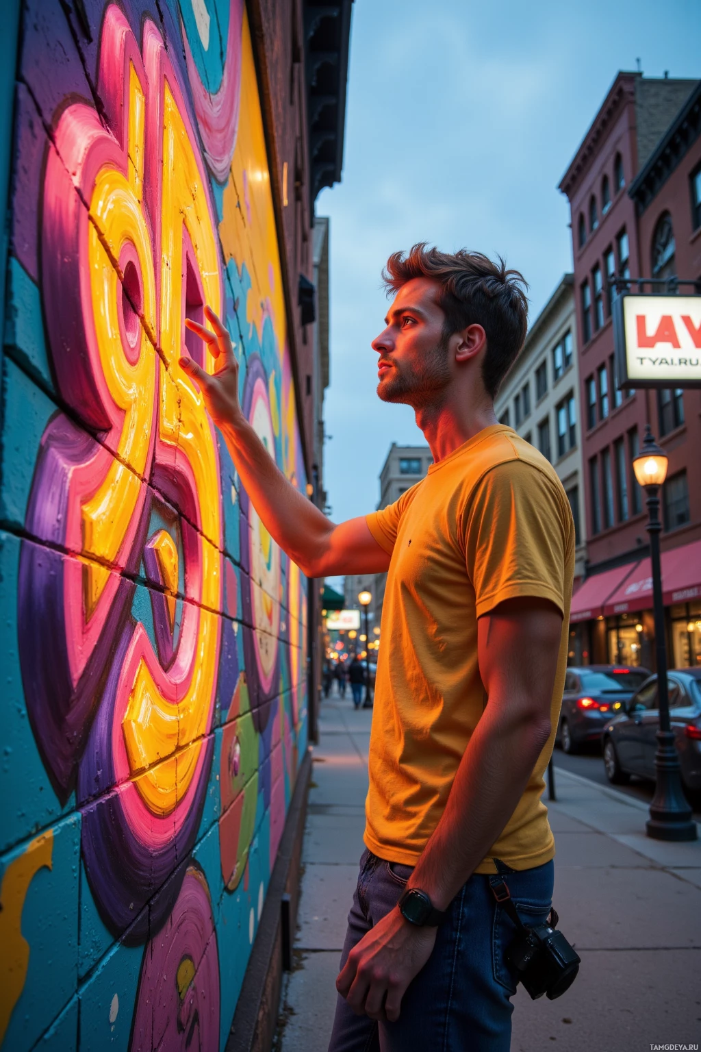 A person in a yellow shirt stands near a colorful mural on a city street.