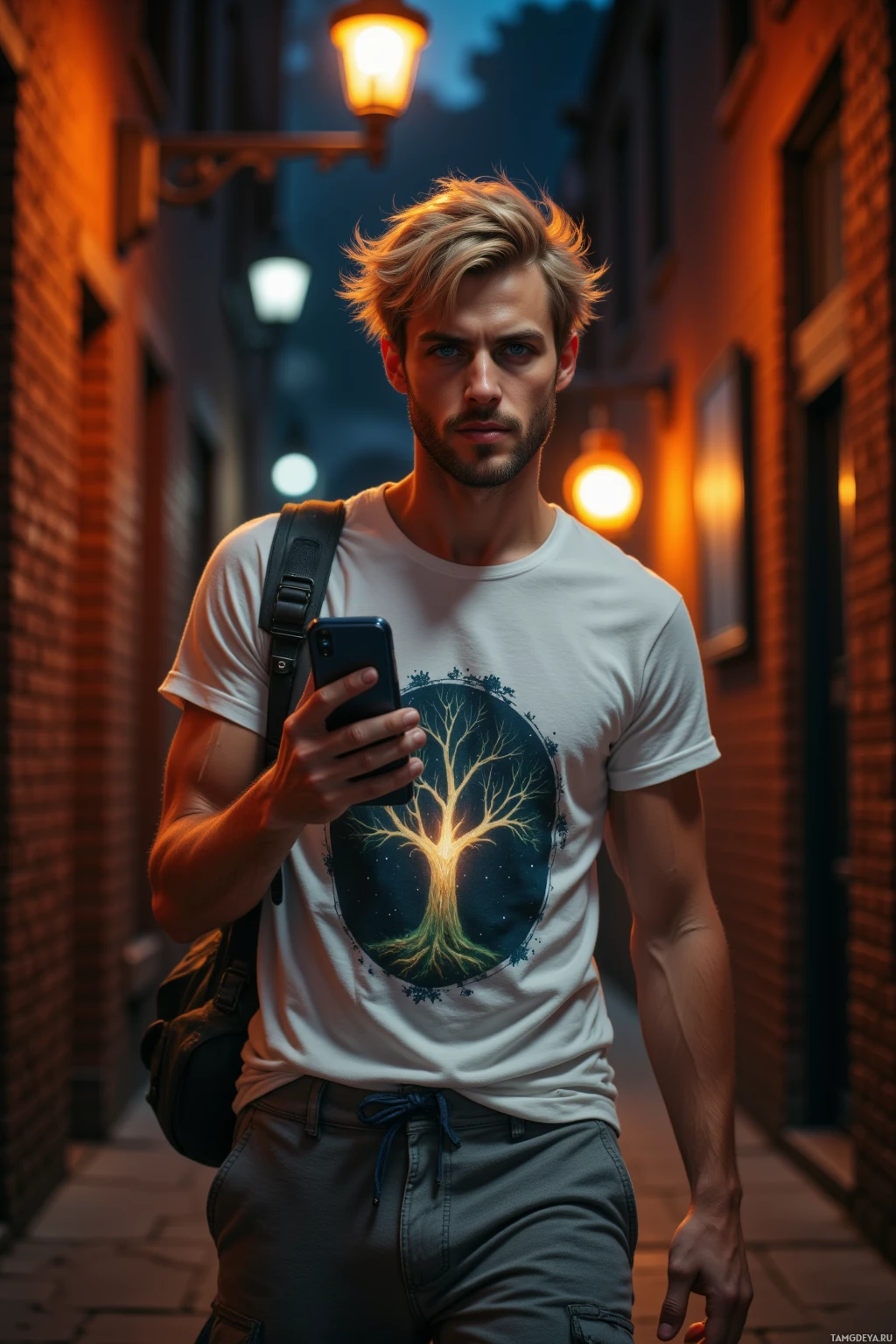 A man walks down a dimly lit alleyway at night, holding a phone and wearing a white t-shirt with a tree design.