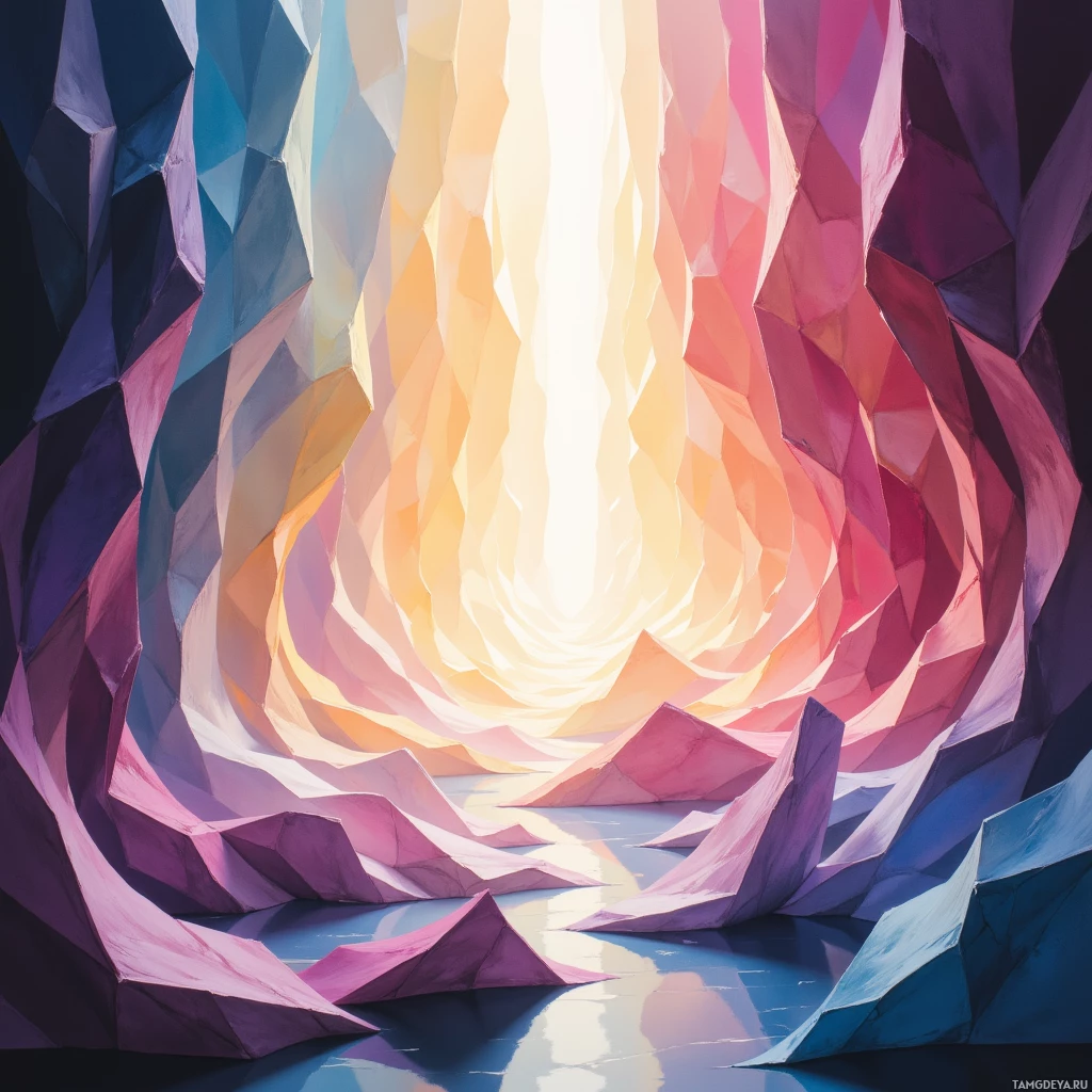 A vibrant, abstract cave-like structure with a gradient of colors from dark to light, featuring sharp geometric edges and a bright light source at the center.
