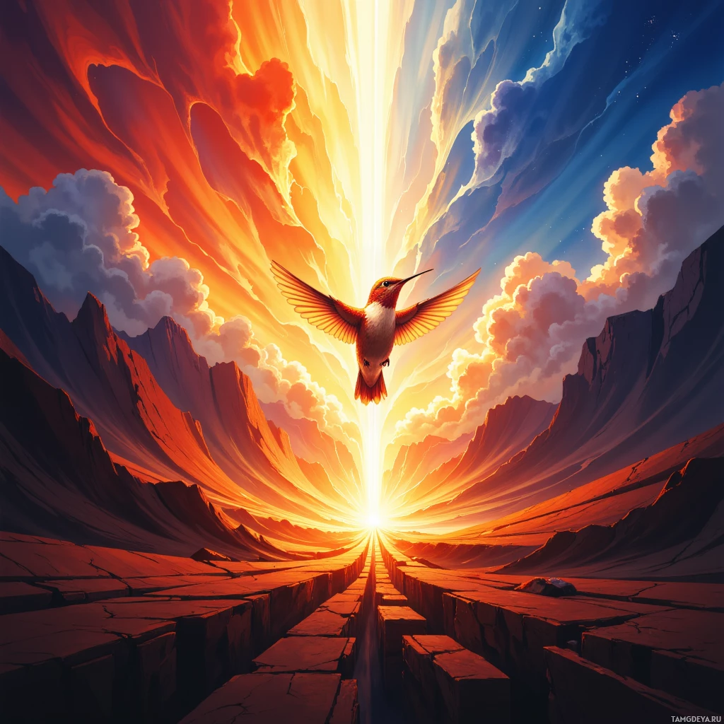 A hummingbird soars through a vibrant sky with radiant beams of light and dramatic clouds.