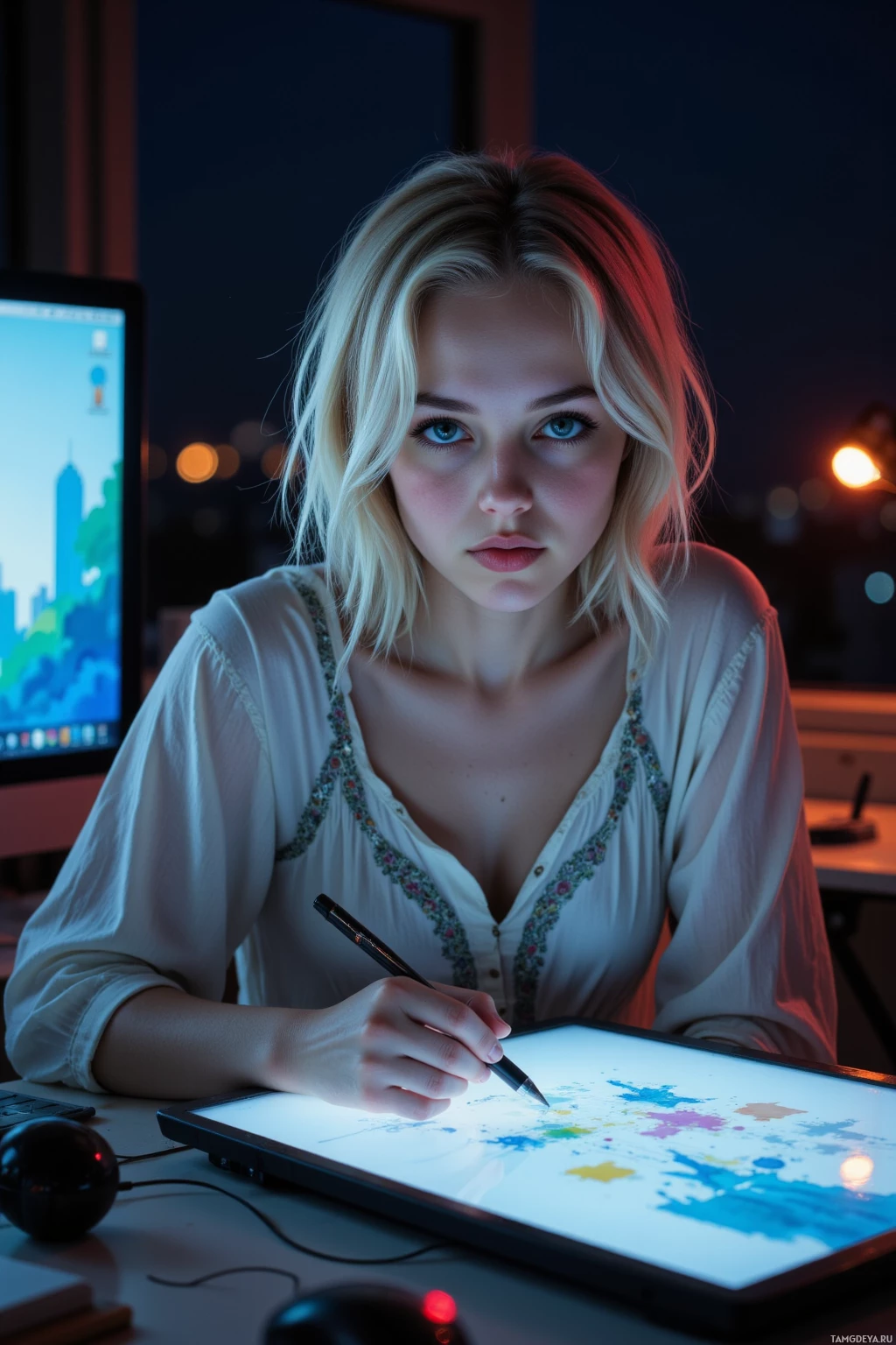 A person is sitting at a desk, using a stylus on a tablet with colorful paint splatters.