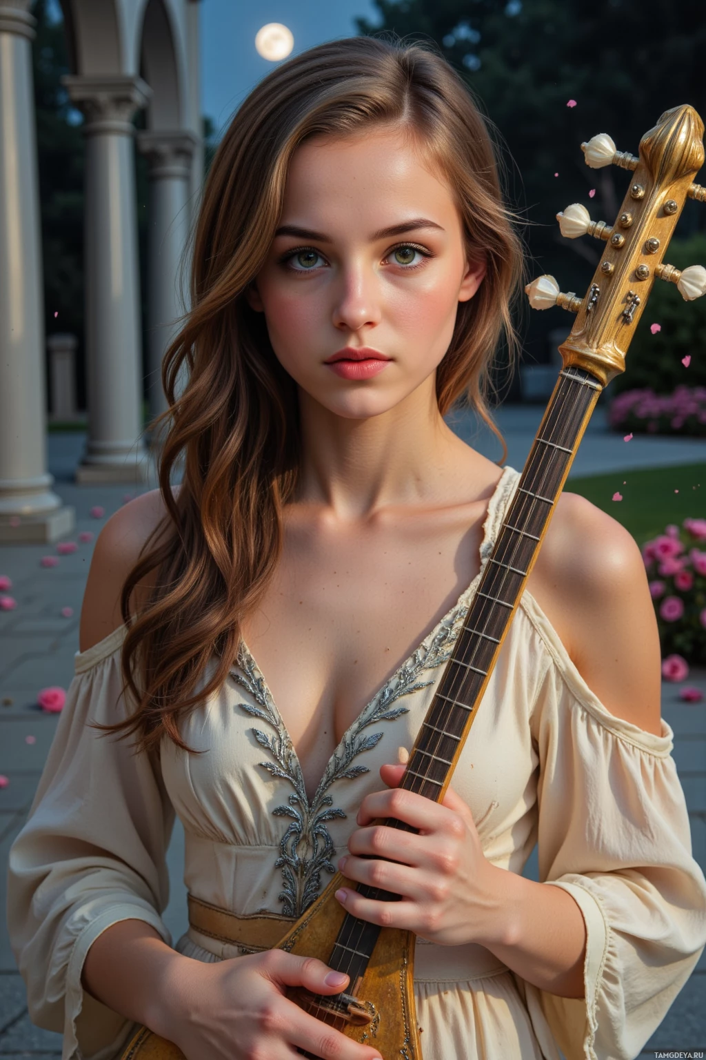 A woman in a light-colored dress holds a guitar, standing in a garden with columns and flowers.