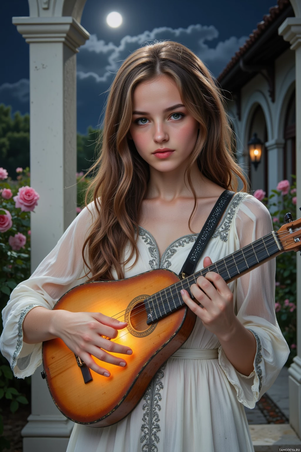A young woman in a white dress holds a guitar under her arm, standing in front of a house with a full moon in the sky.