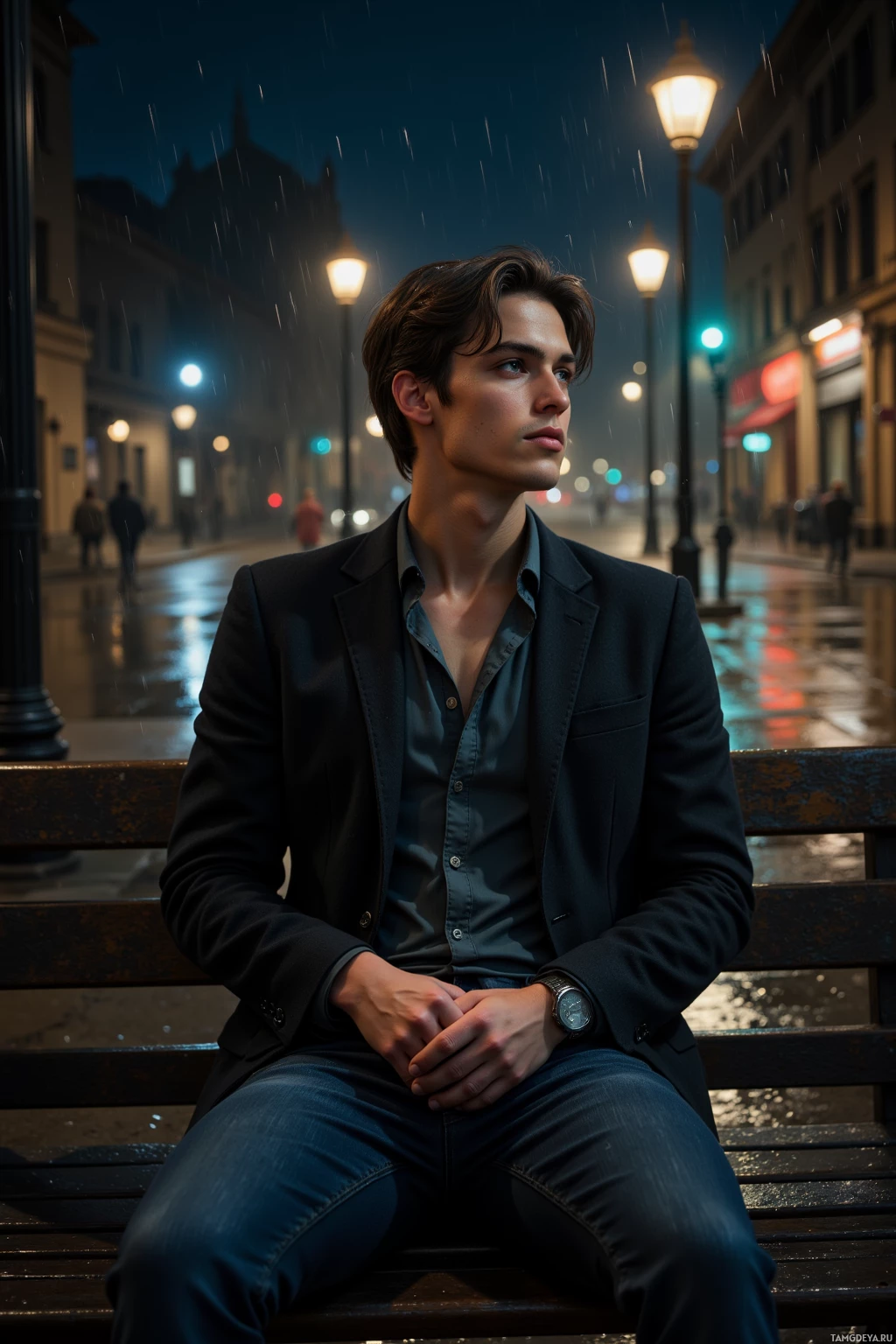 A man in a suit sits on a bench under streetlights on a rainy evening.