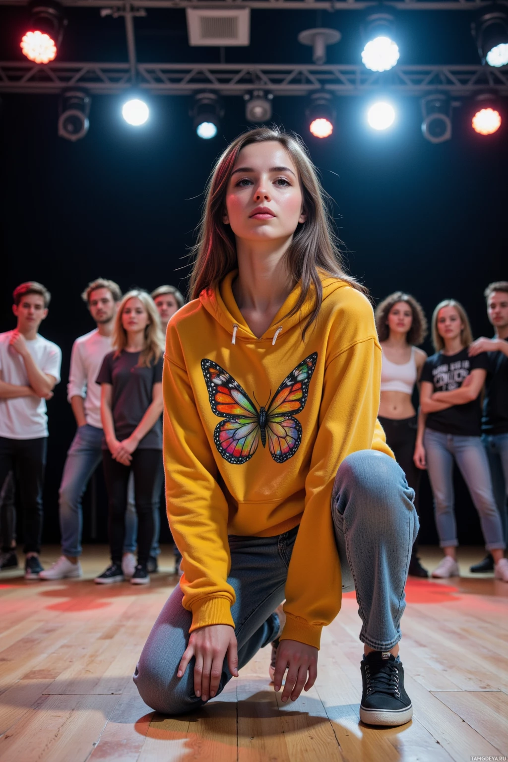 A young woman in a yellow hoodie with a butterfly design kneels on a stage with a group of people standing behind her.
