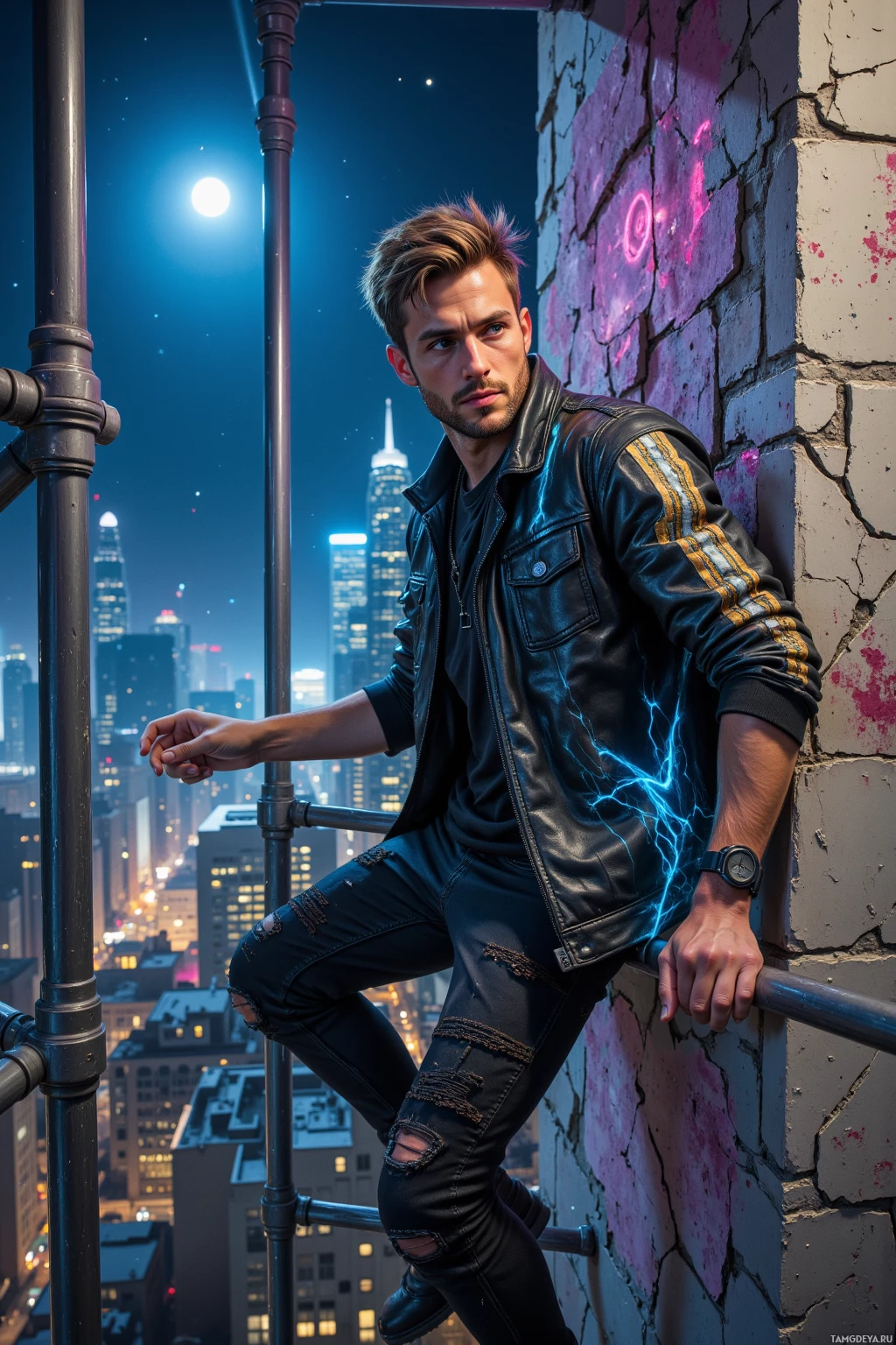 A man in a leather jacket and ripped jeans leans against a wall with a cityscape and moonlit sky in the background.