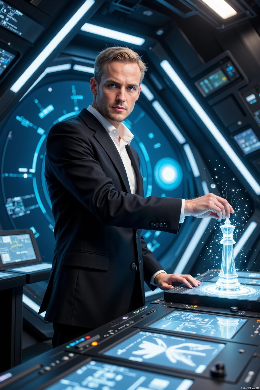 A man in a suit stands in a futuristic control room, interacting with a glowing chess piece.