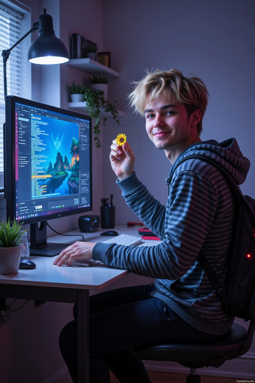 A person sits at a desk with a computer, holding a small flower, in a room with shelves and plants.