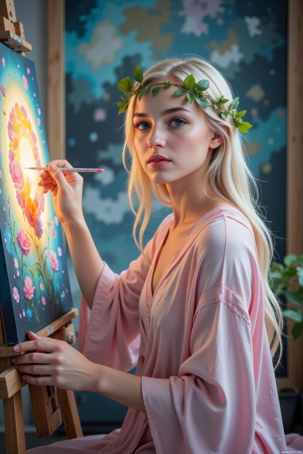 Женщина в венке из цветов рисует яркую цветовую картину на мольберте.