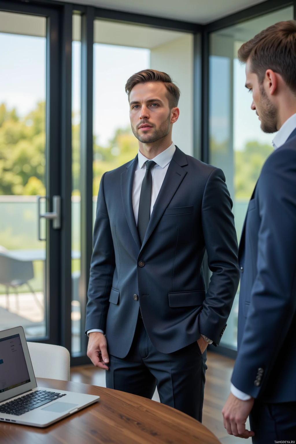 Two men in suits are engaged in a conversation in a modern office setting.