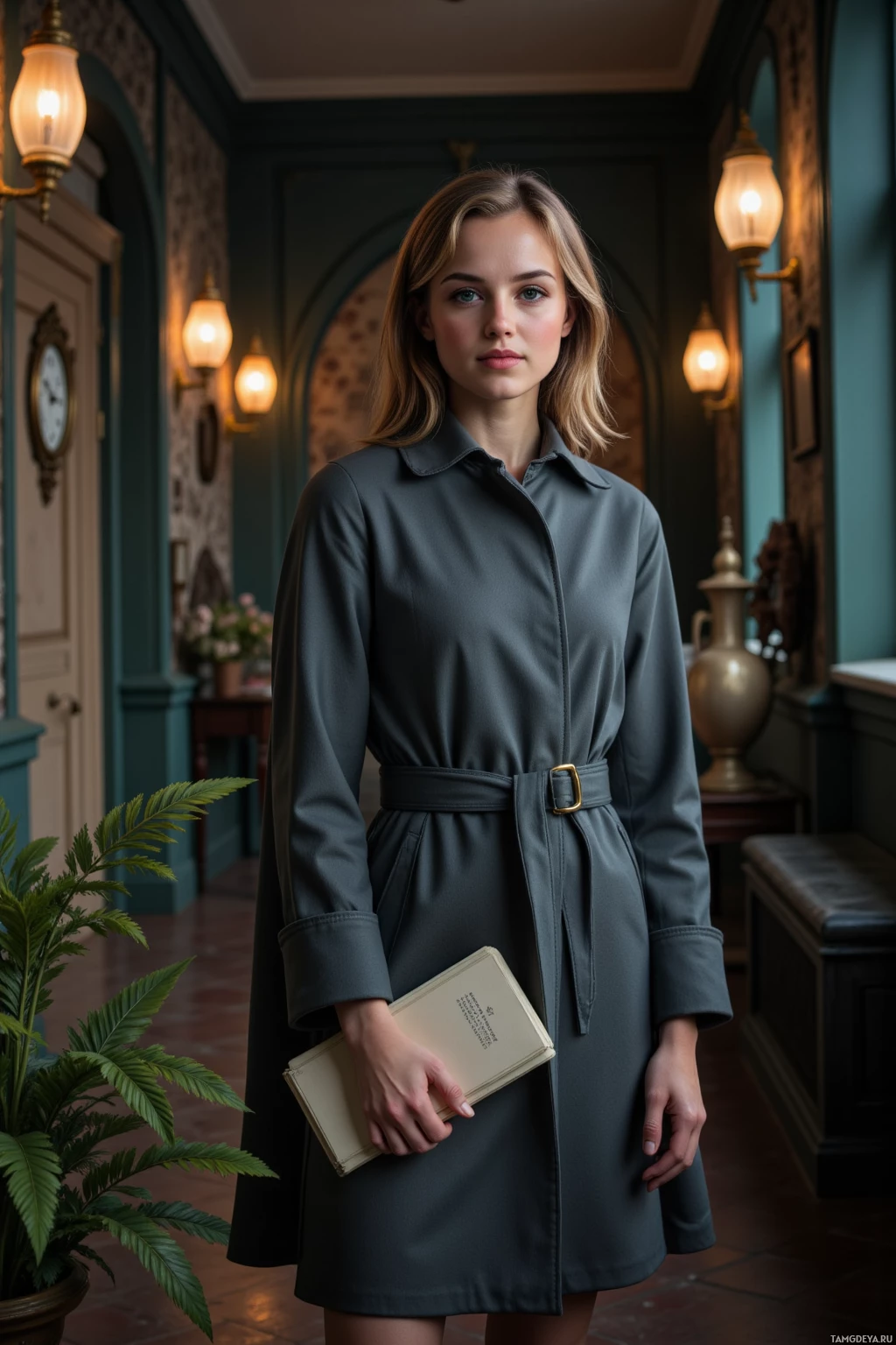 A woman stands in a hallway holding a book, wearing a dark green dress with a belt.