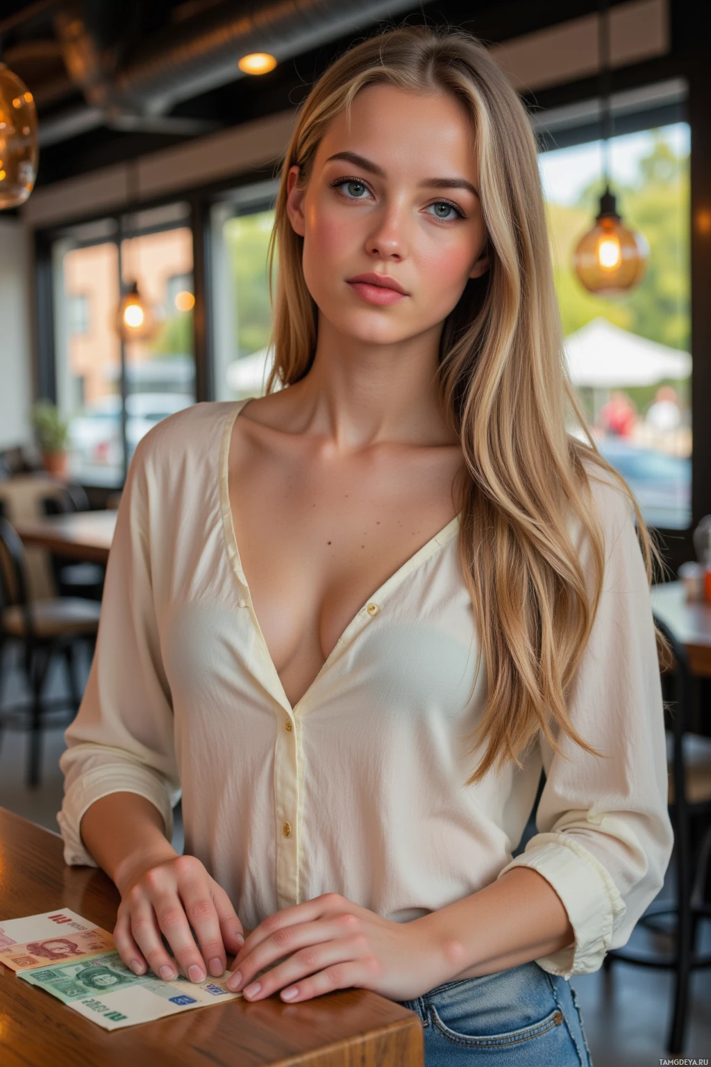 A woman with long blonde hair wearing a light-colored blouse stands in a café setting.