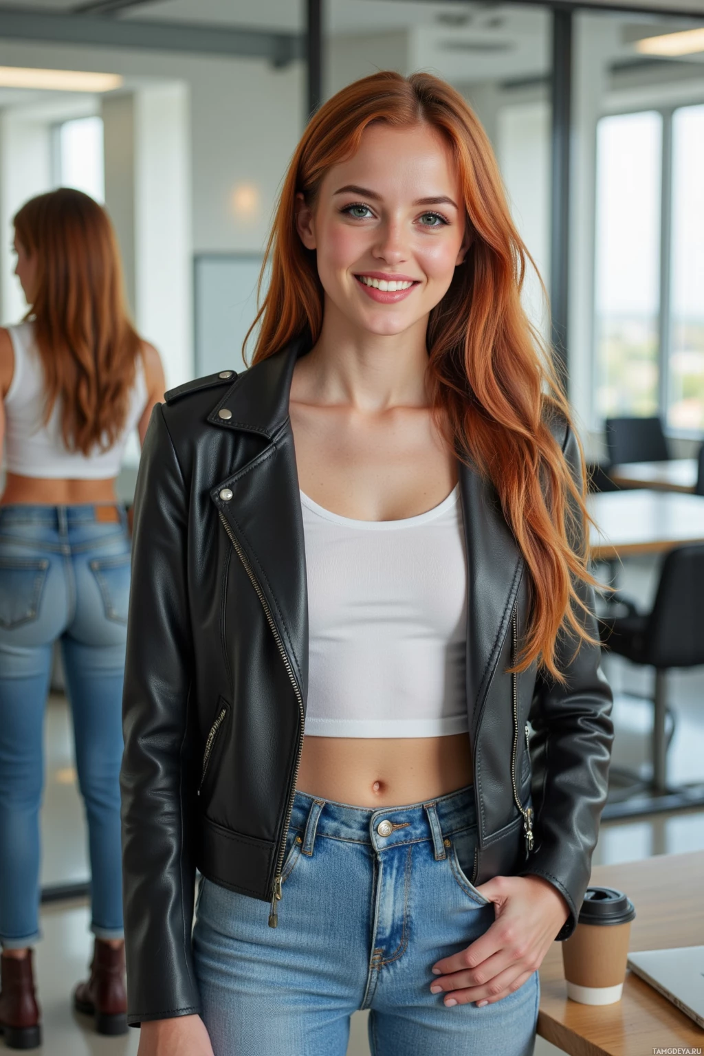 A woman with long red hair wearing a black leather jacket and white top stands in a modern office setting.