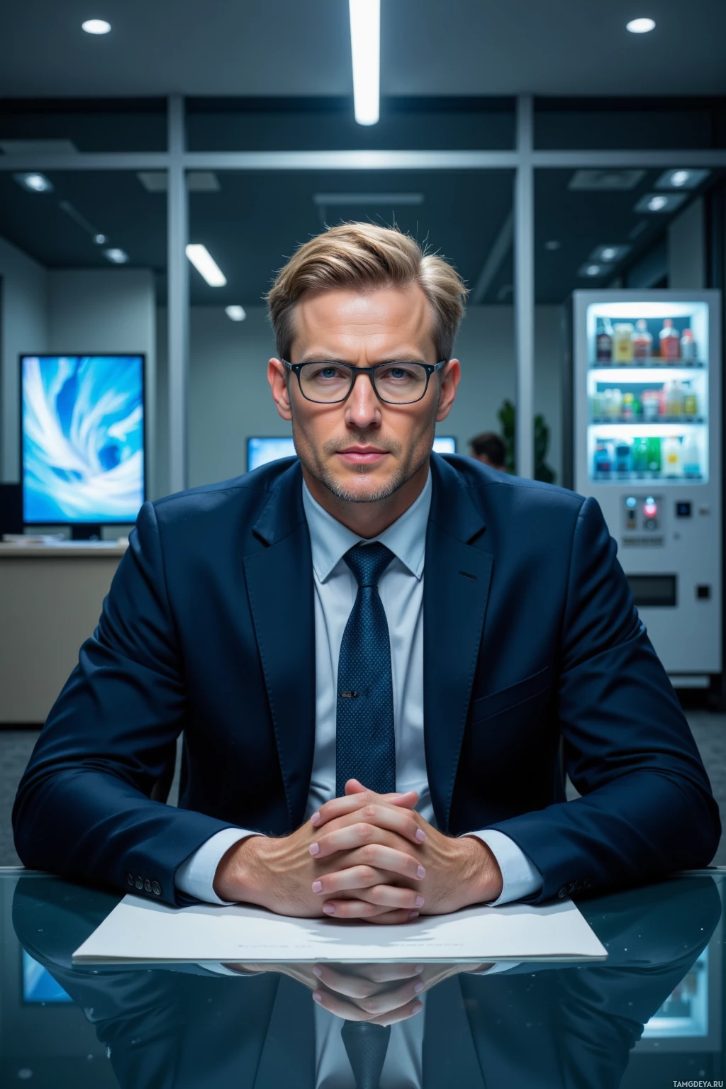 A man in a suit sits at a desk in a modern office setting.