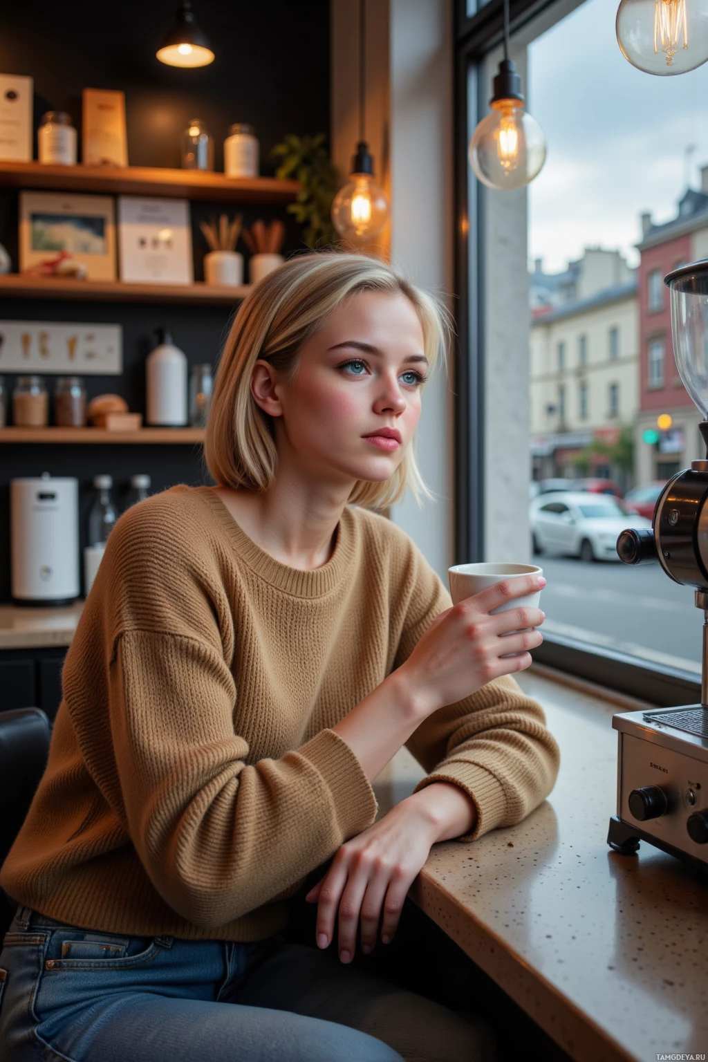 A woman in a cozy café setting, holding a cup, with a view of the street outside.