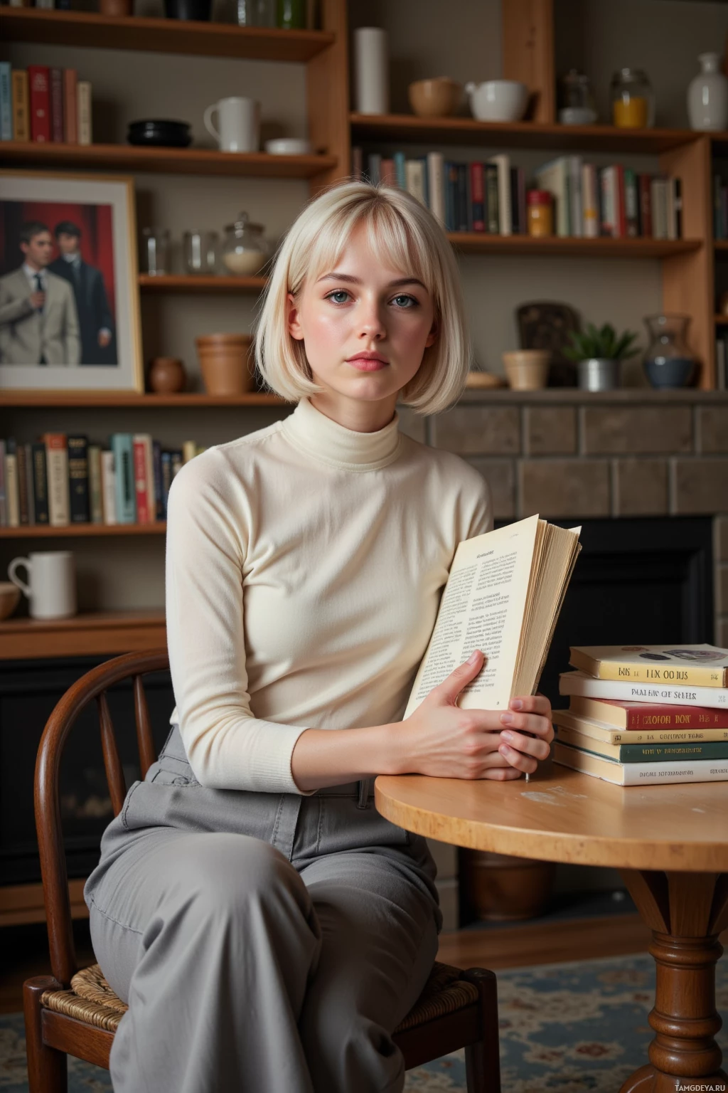 A person sits in a chair holding a book, with a bookshelf and framed picture in the background.