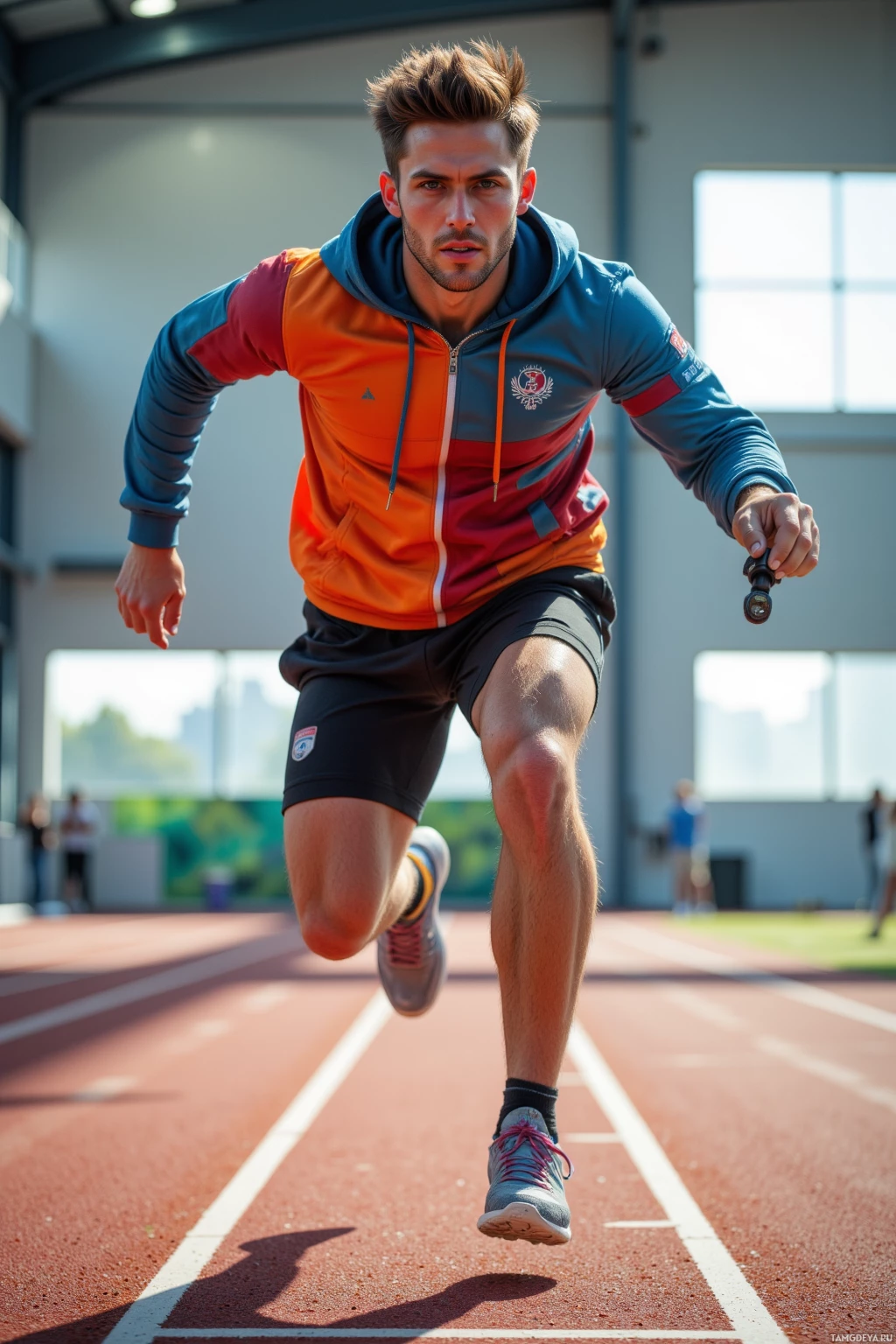 A male athlete in a colorful hoodie runs on a track.