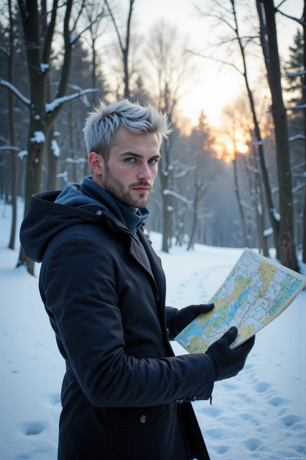 A person stands in a snowy forest holding a map.