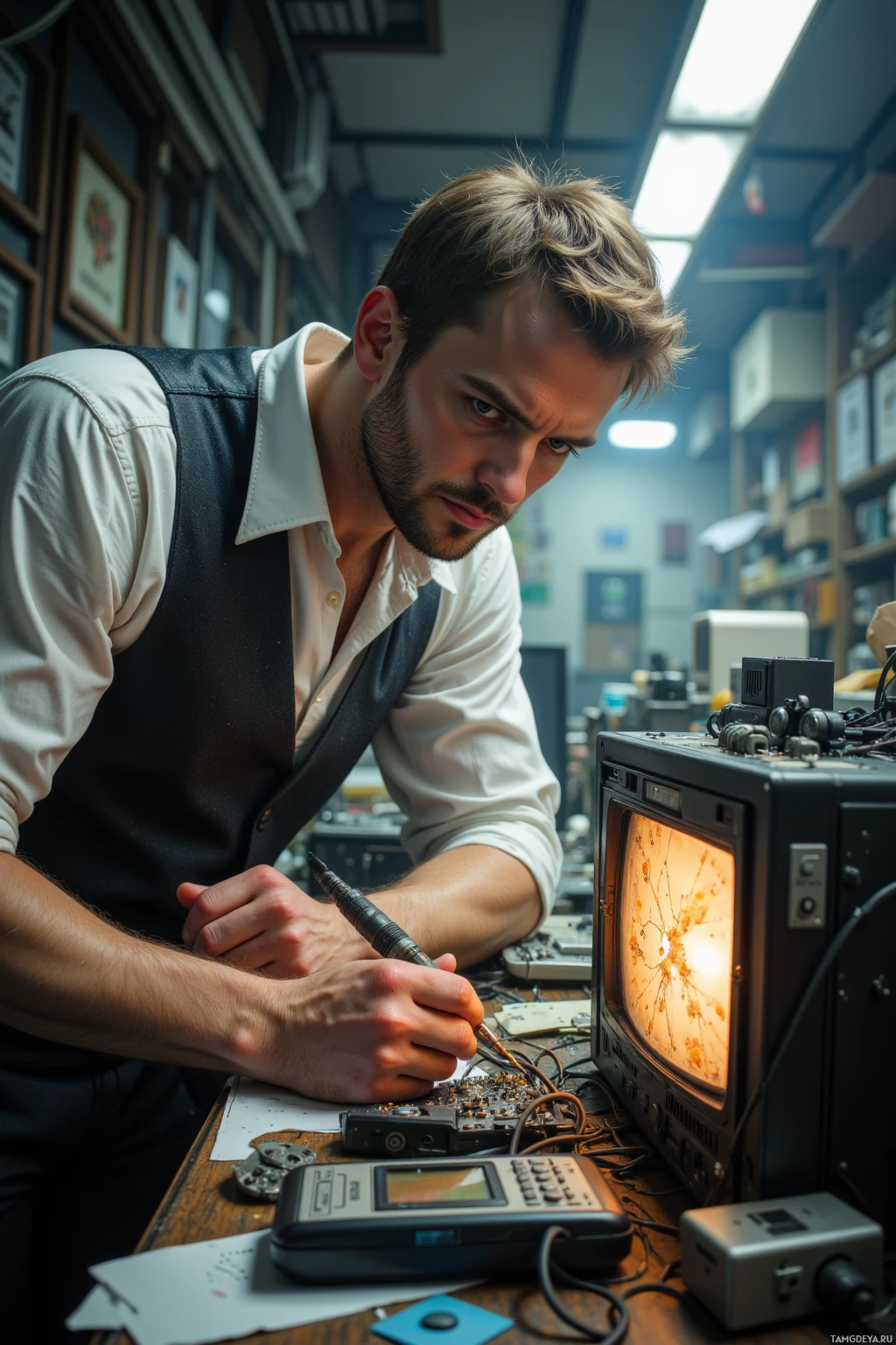 A man is working on an electronic device in a workshop.