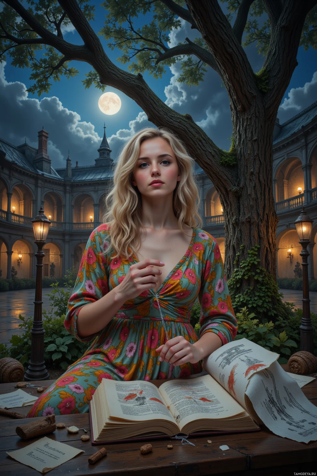 A woman in a floral dress sits at a table with an open book, under a tree with a full moon in the sky.