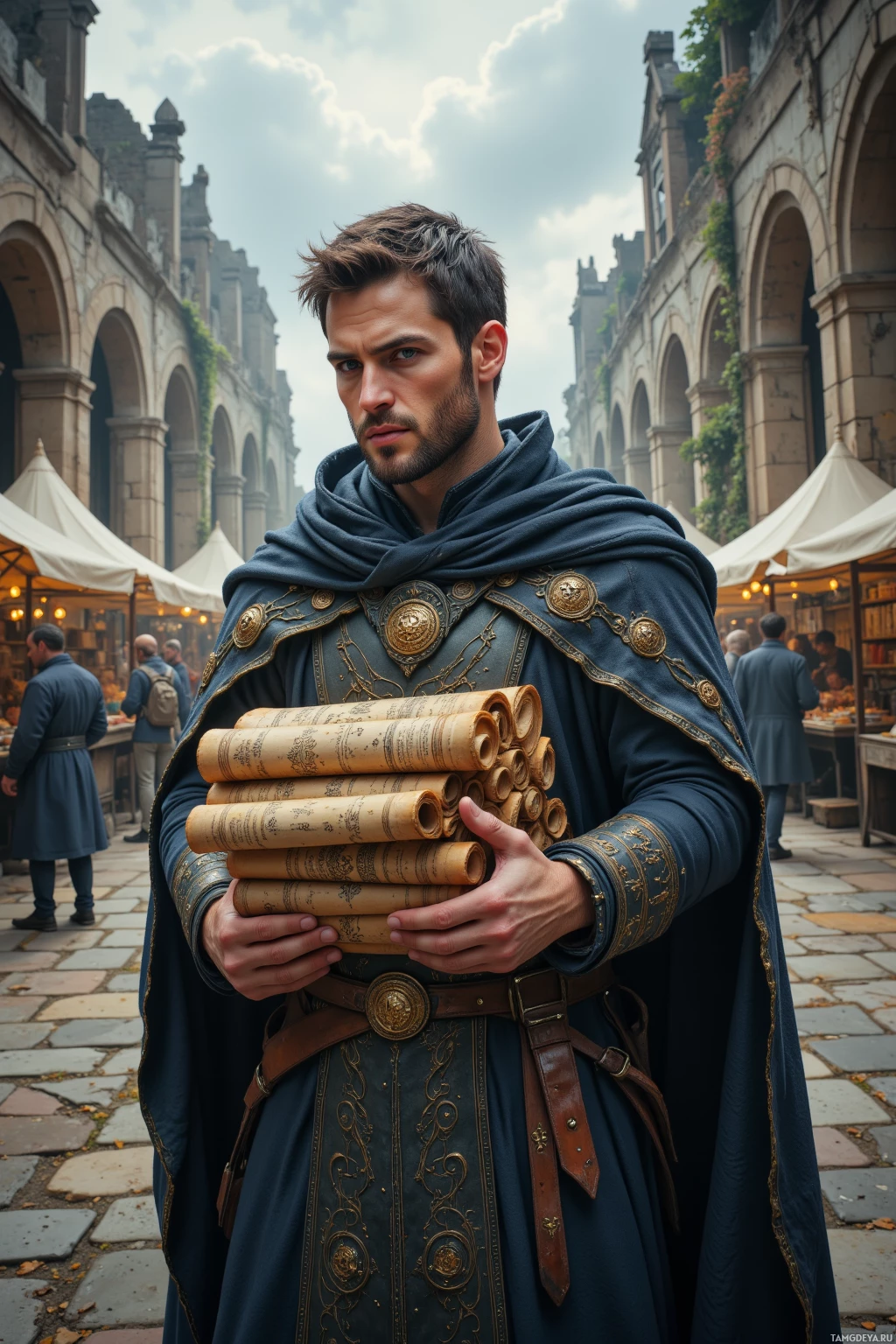 A man in a medieval-style outfit holds a stack of scrolls in a market setting.