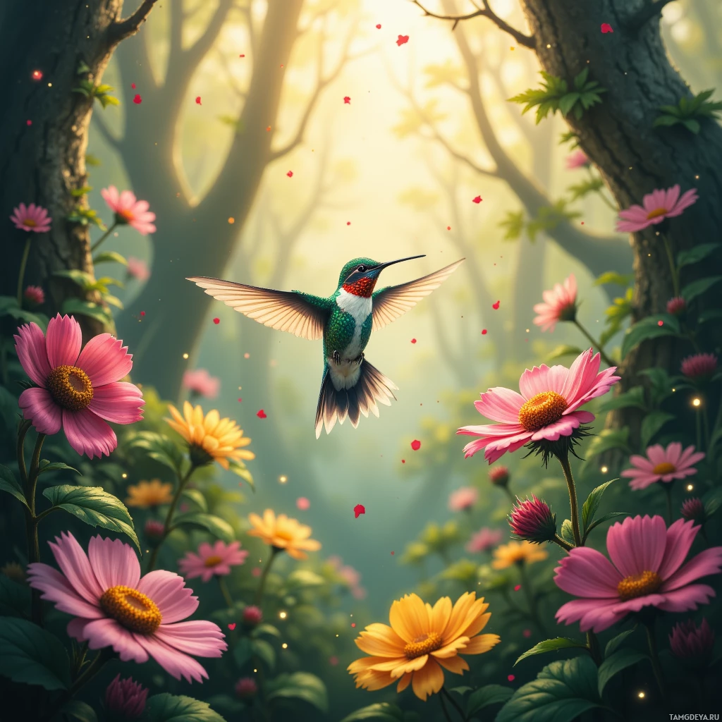 A hummingbird soars gracefully among vibrant pink and yellow flowers in a lush forest setting.