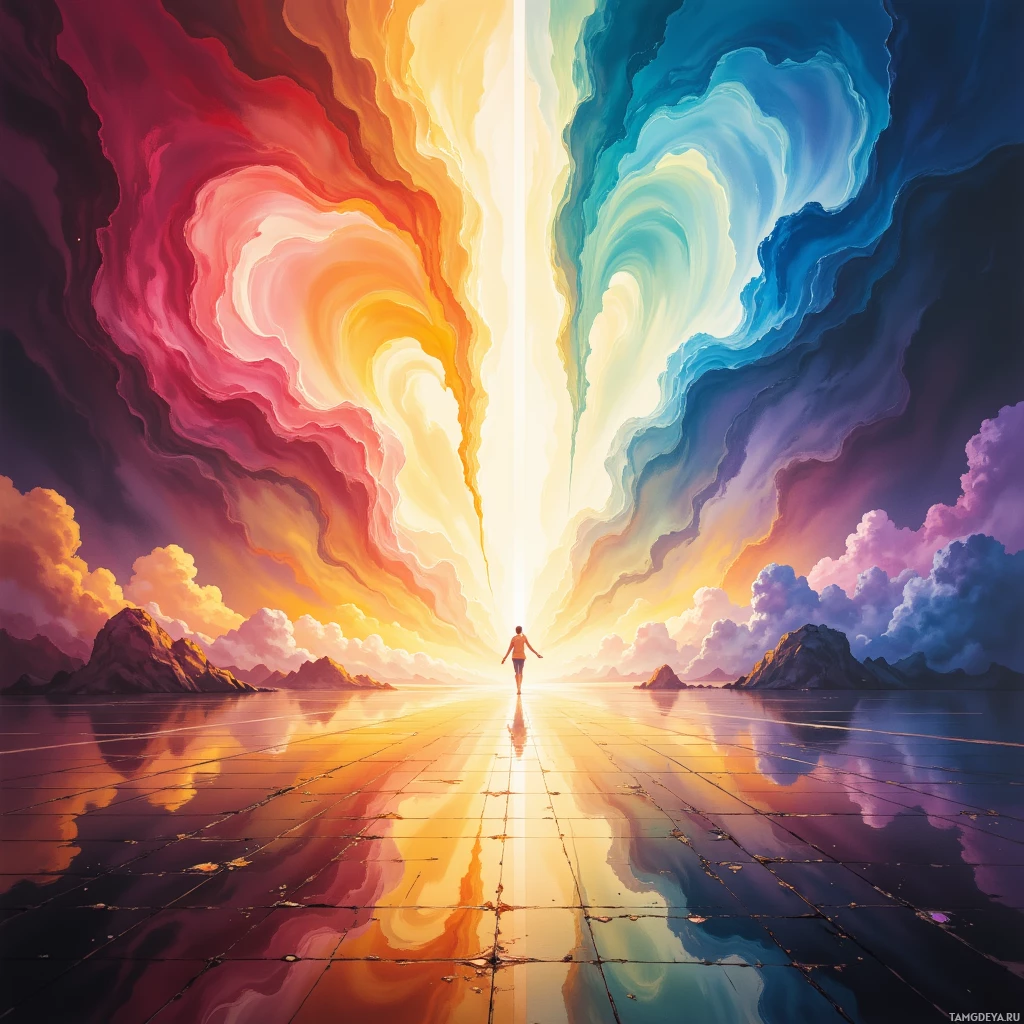 A vibrant, surreal landscape featuring a person walking towards a bright light dividing two contrasting colorful skies.