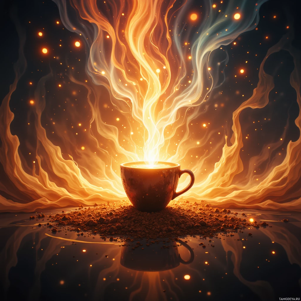 A glowing cup of coffee with swirling flames and sparks.
