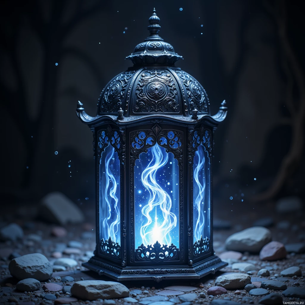 A glowing, ornate lantern with intricate designs sits on a rocky surface.