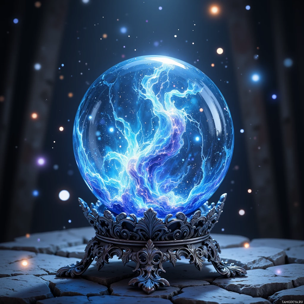 A glowing crystal ball with intricate blue and purple energy patterns sits atop an ornate metal stand, surrounded by a starry night sky.