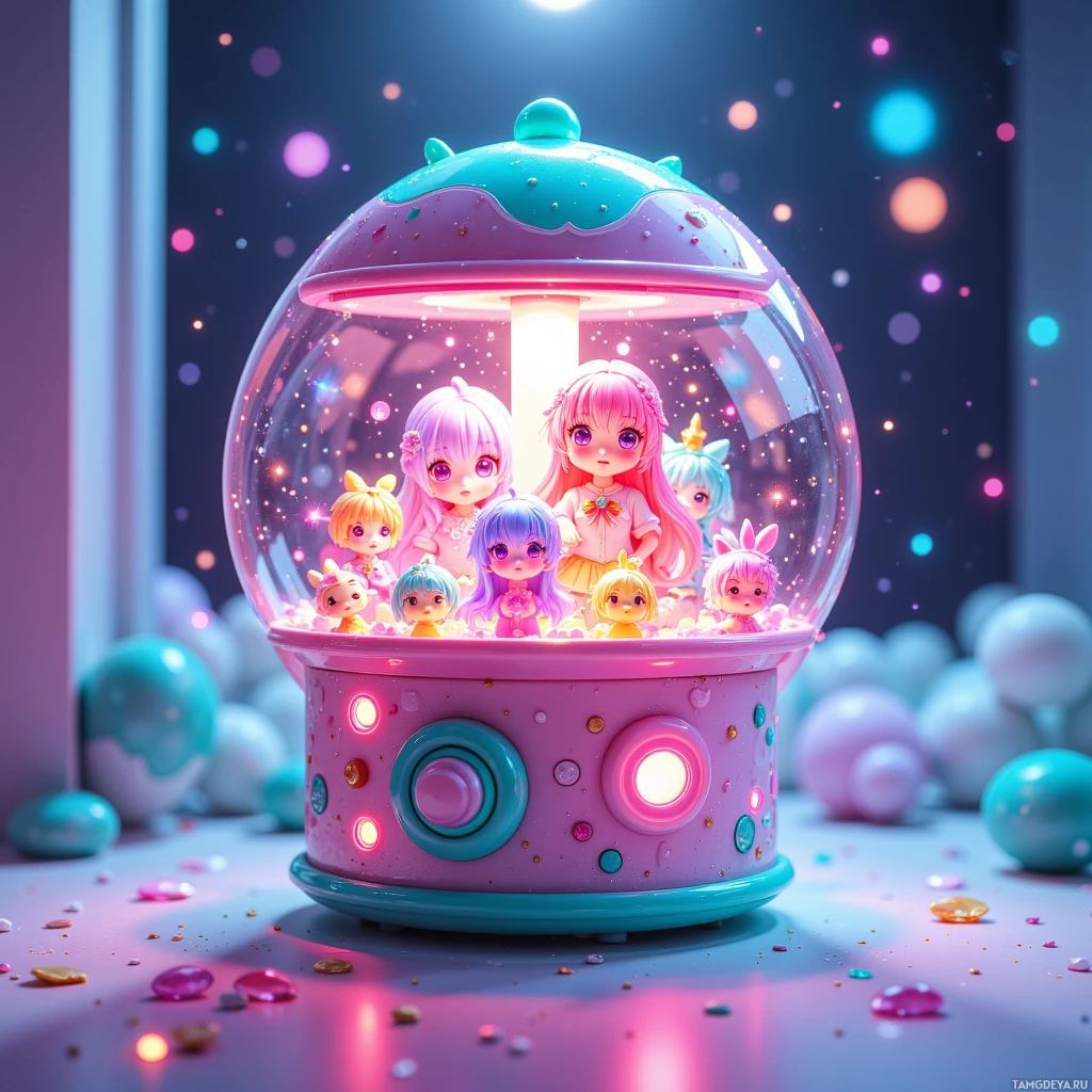 A colorful, illuminated toy dispenser filled with small, cartoonish dolls and surrounded by glowing, pastel-colored spheres.
