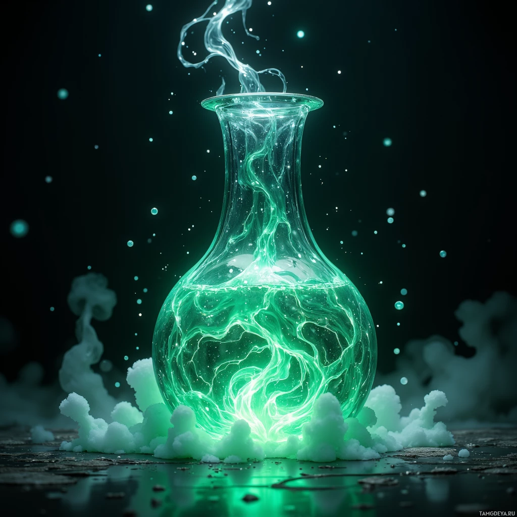A glowing green potion bottle with swirling energy and mist.