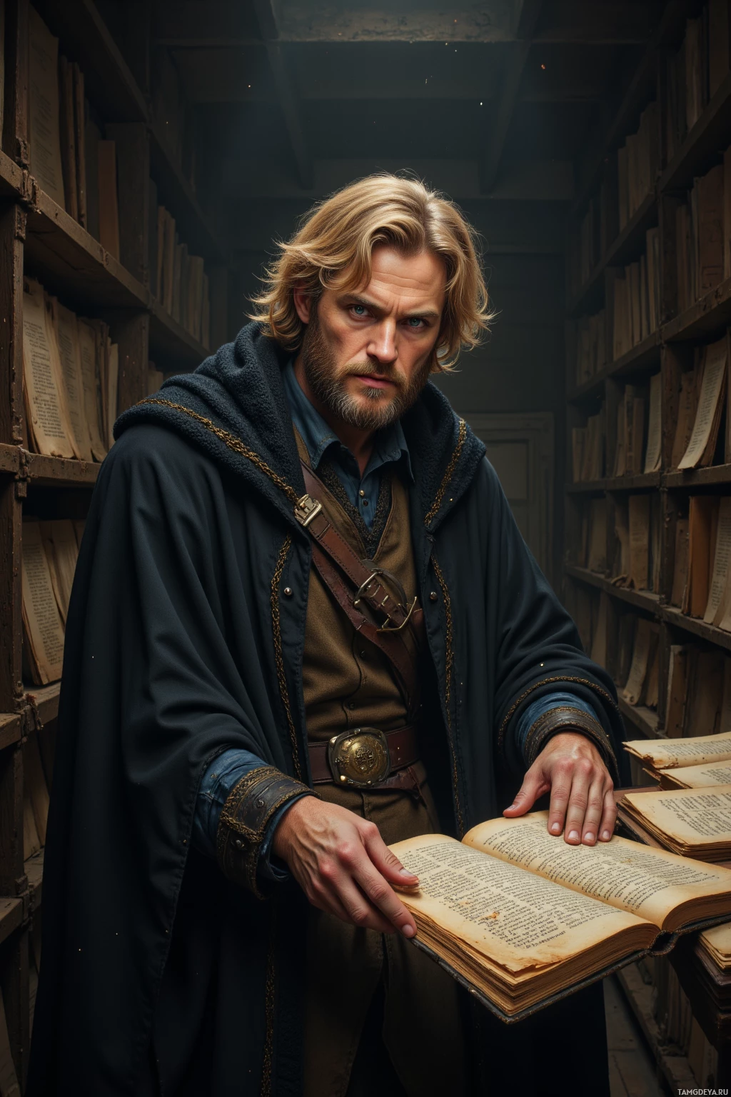 Realistic high quality photo. Tall 33‑year‑old man in a long dark cloak with rough blonde hair, piercing blue eyes, rugged beard, focused on a 17th‑century ledger in a dim, dusty basement archive with old air conditioning, holding a notebook amid brittle pages and swirling dust motes.