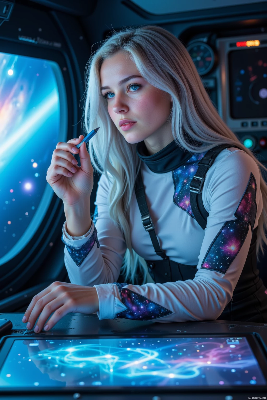 Realistic high quality photo. Female astronaut, 29, long silver‑blue hair, bright blue eyes, pale ethereal glow, wearing a swirling galaxy‑print dress, seated in a quiet starship cabin with a viewport displaying a shimmering aurora and a faint comet trail, she sketches a complex equation that blends Poisson's law and poetic rhythm on a translucent screen while the ship hums softly, her expression calm and introspective.