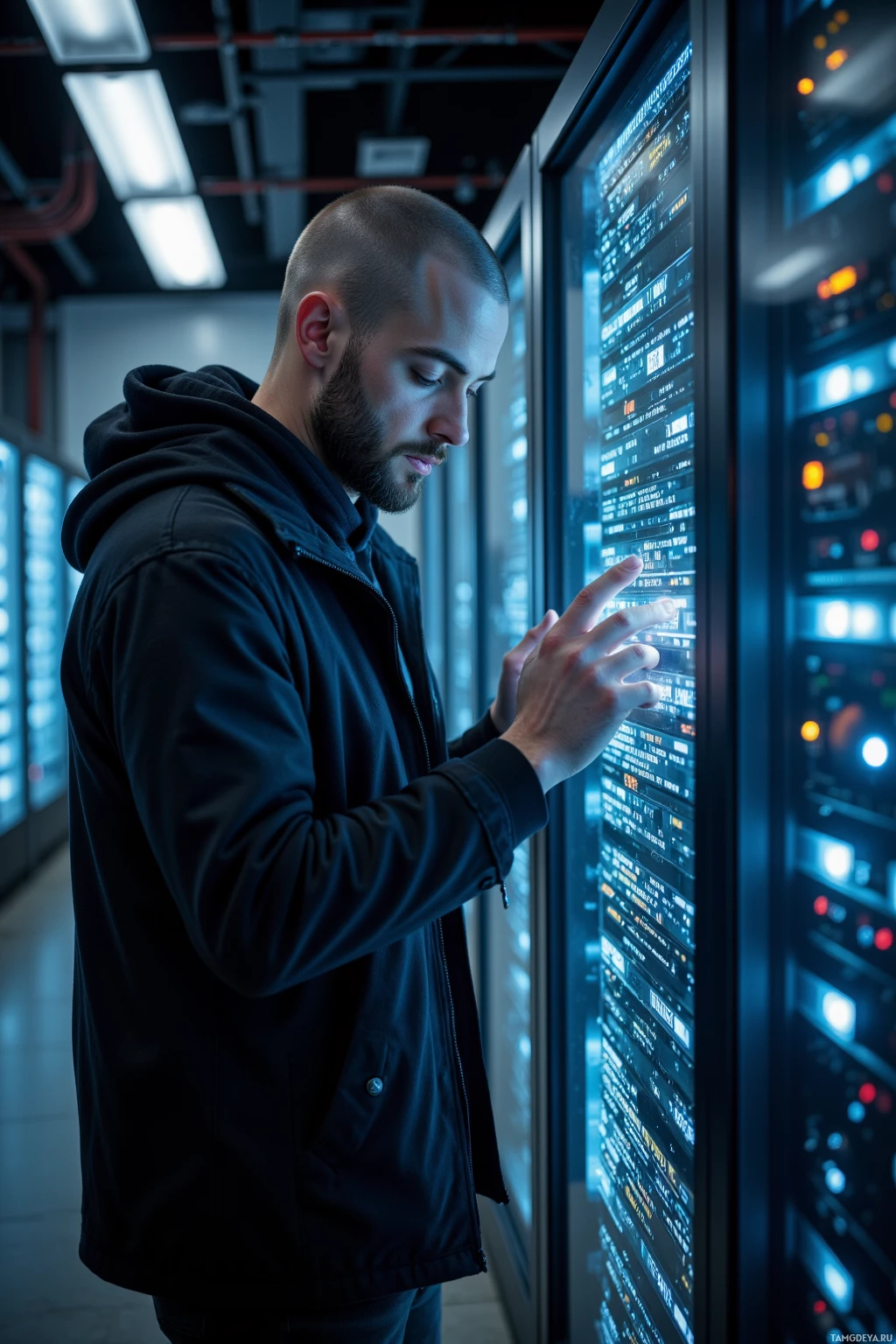 A man in a dark jacket is interacting with a large, illuminated server panel in a dimly lit room.