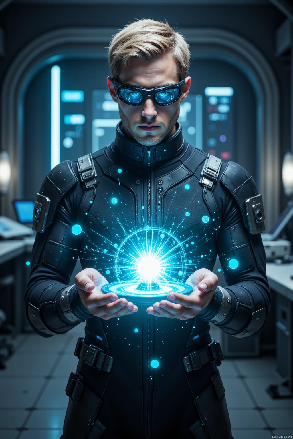 A person in a futuristic suit holds a glowing, circular energy field in a high-tech environment.