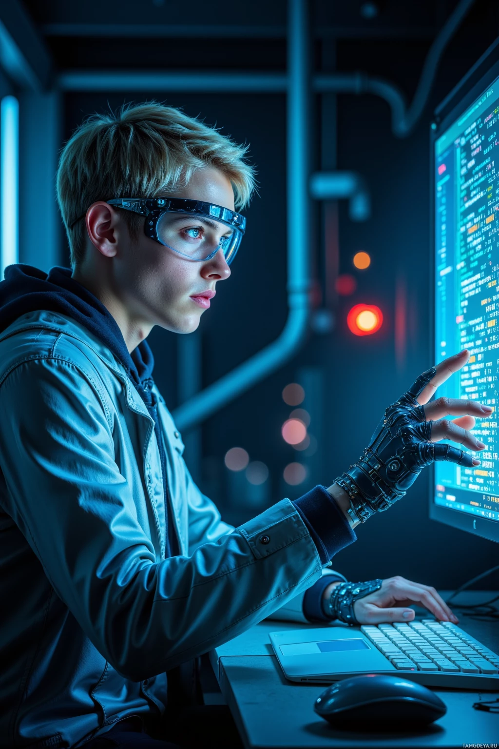 A person wearing futuristic glasses and a glove operates a computer in a dimly lit environment.