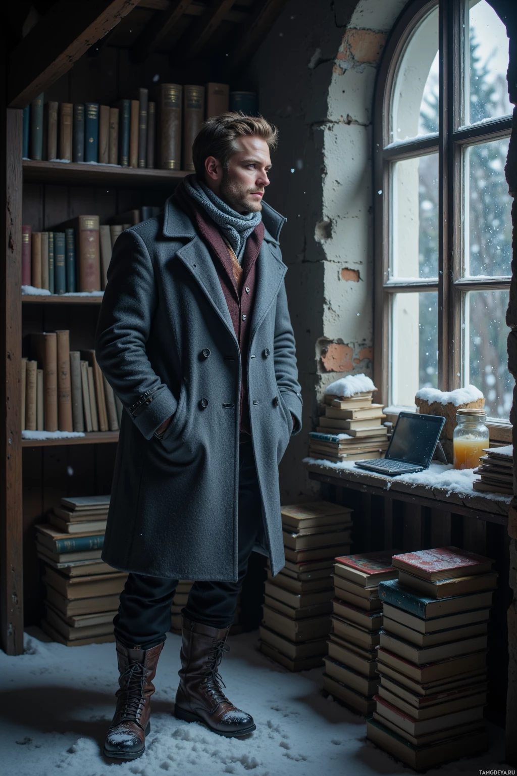A man in a coat stands in a snowy room with bookshelves and a laptop.