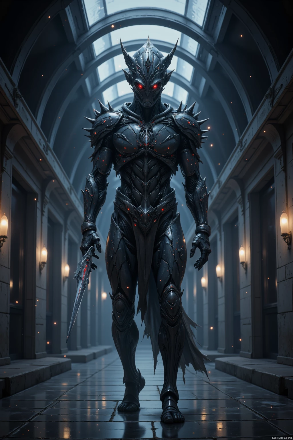 A menacing armored figure stands in a dimly lit corridor, holding a sword.