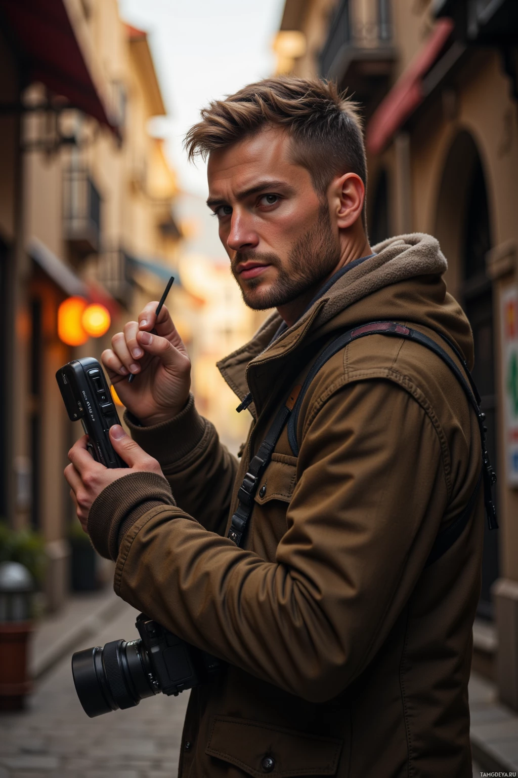 A man in a brown jacket holding a camera stands on a street.