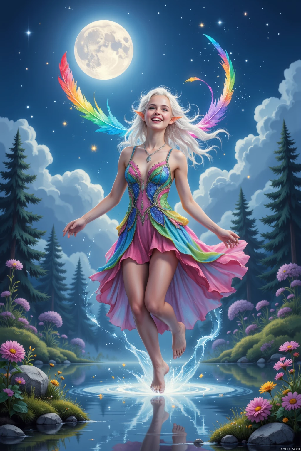 A fairy with colorful wings and a flowing dress dances gracefully over a serene pond surrounded by a forest at night.