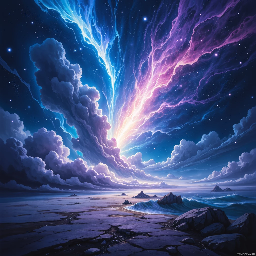 A vibrant night sky with swirling clouds and a glowing horizon over a rocky shoreline.