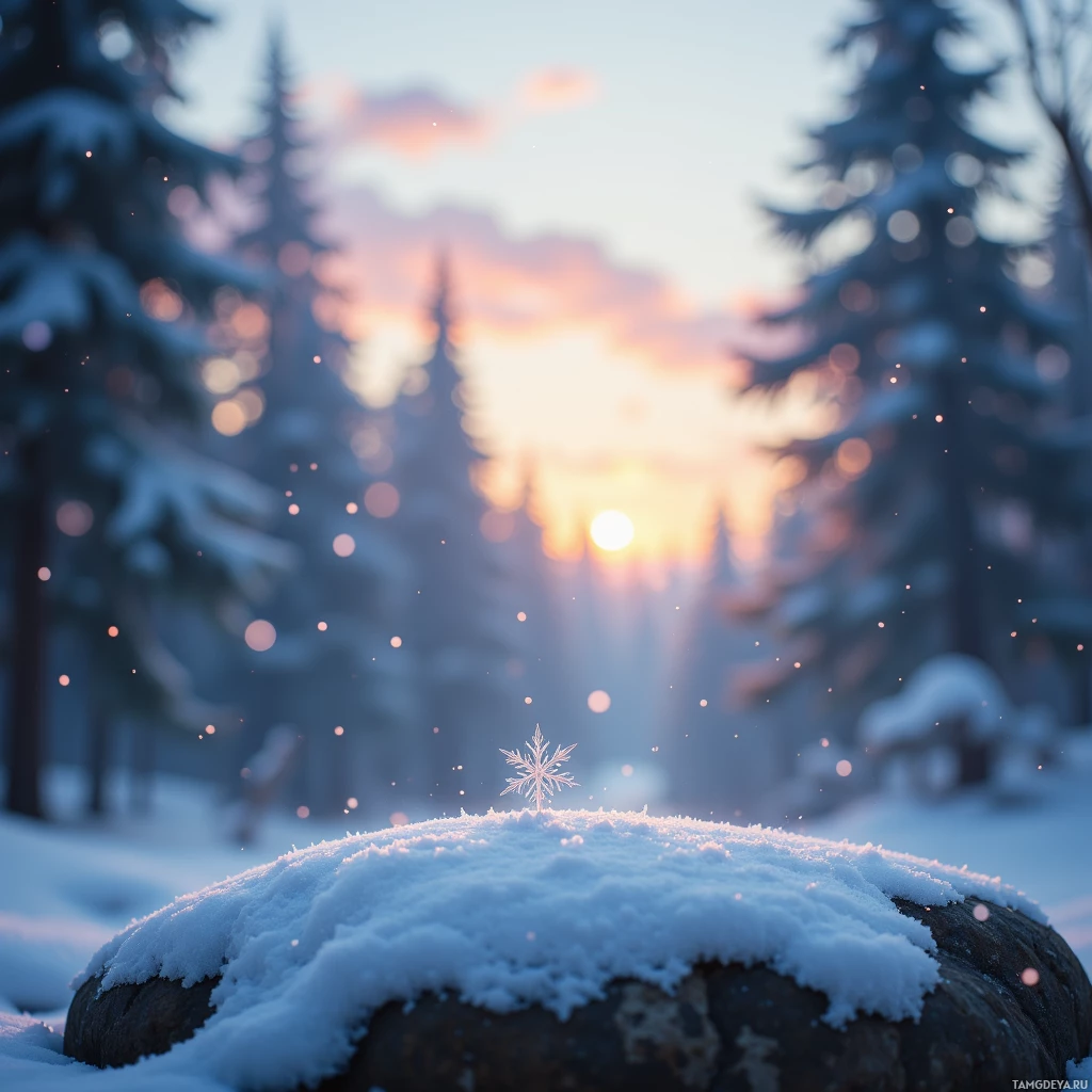 A serene winter landscape with snow-covered trees and a glowing sunset.
