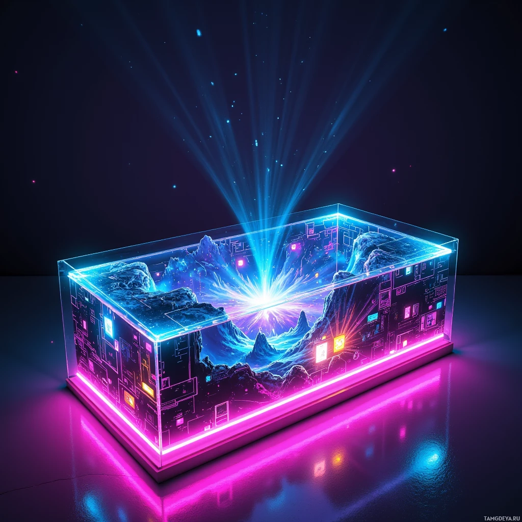 Semi-abstract image with many light, that is suitable for the post:  sleek glass holographic movie‑set desk with retro neon‑etched frame, pulsing LED strip underneath, projecting vibrant 3‑D cinematic scenes onto its surface.