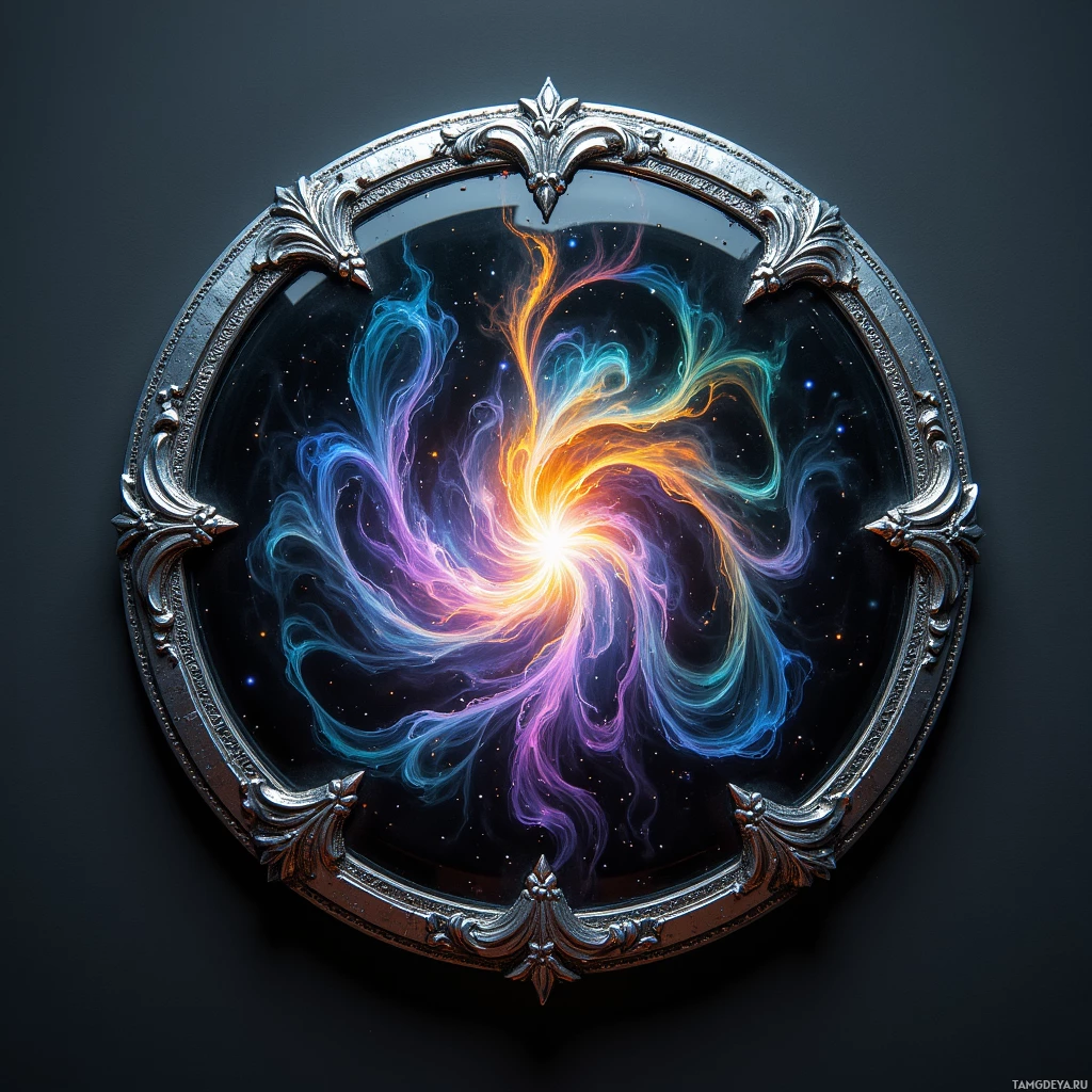 A vibrant, swirling galaxy within an ornate silver frame against a dark background.