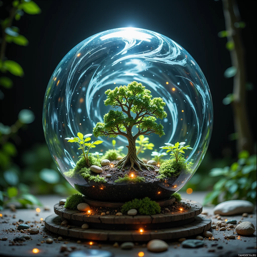 A glass sphere houses a miniature garden with a tree, moss, and glowing lights.