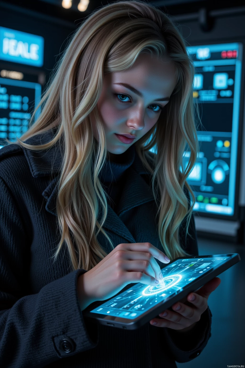 A woman with long blonde hair is using a futuristic tablet in a dimly lit environment.